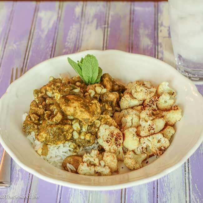 Cinnamon Mint Curry with Chicken & Corn, served with Roasted Cauliflower with Chaat Masala