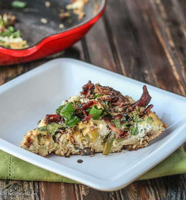 Creamy Pasta Frittata with Bacon, Asparagus and Goat Cheese drizzled with Balsamic Vinegar