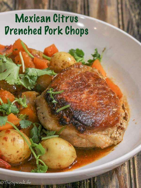 Mexican Citrus Drenched Pork Chops over Butternut Squash and Potatoes