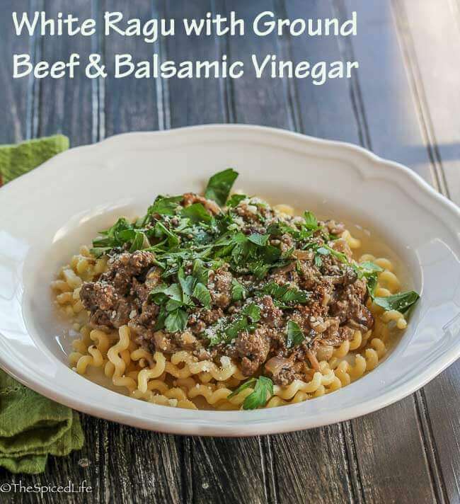 White Ragu with Ground Beef & Balsamic Vinegar on Fusilli Pasta