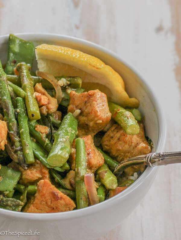 Indian Stir Fry of Chicken with Asparagus and Snow Pea Pods